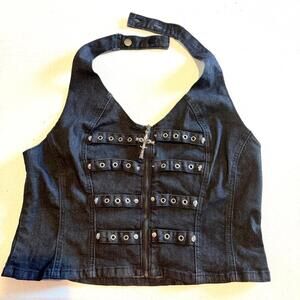 Romwe 1XL Denim Halter Corset with Skulls Embellished Front Zipper